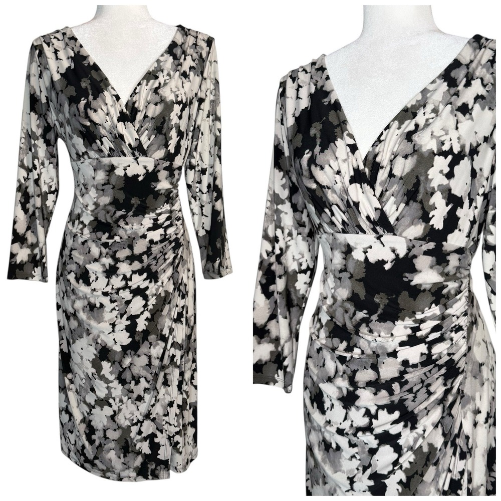 LRL RALPH LAUREN 12 Slinky Stretch Ikat Floral Shirred Surplice Dress Faux Wrap